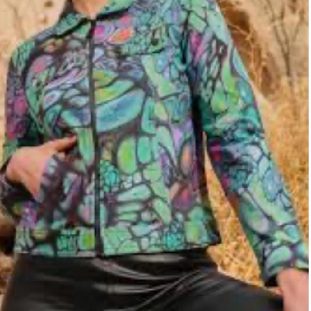 Dolcezza wearable art zip up jacket stretch abstract artsy patterned Y2K XL